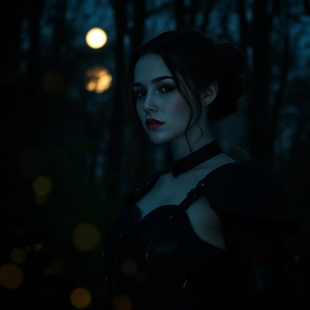 As twilight deepens into a velvet embrace, Serana emerges against the looming majesty of a moonlit forest, her silhouette framed by the intricate play of shadow and light. The scene unfurls like a beautifully composed painting, rich in texture and emotion. Captured with an ethereal quality through the lens of a Nikon D750 at F/2.8, the focus sharpens on Serana while a soft bokeh of verdant greens and warm golds dances in the periphery—tiny fireflies become luminous orbs, shimmering like gems scattered across a dark tapestry. Her skin glows with a ghostly radiance under the silvery gaze of the moon, casting an enchanting hue that enhances the mysterious allure surrounding her. The dark gothic armor she wears is a symphony of deep crimson bleeding into shadowy blacks, creating a striking contrast against her pale visage. Each detail—the leather straps, metal accents—reflects an ancient elegance that whispers of forgotten tales and lost battles. Her flowing cape, as crimson as fresh blood, cascades behind her with grace reminiscent of liquid rubies caught in mid-flow, fluttering softly as if it breathes alongside her. Adding to this cinematic tableau are two loose tendrils of dark brown hair that sway gently with the caressing breeze. They dance around her face like fleeting shadows, heightening her windswept allure. But it is her eerie yellow eyes that command attention—their piercing gaze draws viewers into their depths with hypnotic intensity, hinting at secrets both alluring and dangerous. The ambient light wraps around Serana’s figure like an ethereal shroud, casting delicate highlights that lend a surreal quality to the atmosphere. In this artful composition where chromatic palettes merge seamlessly into monochromatic shades of blue-black night, subtle distortion effects blur the edges of her silhouette—capturing both beauty and an underlying threat. A vignette framing encircles her formidable presence, amplifying contrasts and creating an impression that embodies timeless allure and lethal grace amidst the dreamlike nightscape. Framing this breathtaking image is a Technicolor process reminiscent of classic cinema; vibrant hues bloom off the screen while maintaining an air of haunting elegance. Rich reds pulse with life against dark backgrounds; soft greens glimmer like hope amidst shadows; shimmering golds evoke memories long past. This passionate interplay between color evokes moods of mystery and intrigue—a visual poem whispered by twilight itself—drawing one deeper into Serana’s captivating world.In this moment suspended in time—a haunting reverie enveloped by nature’s gentle sigh—viewers are beckoned closer to witness not just Serana’s beauty, but also the echoing stories woven within this enchanted forest under moonlight\'s watchful glow.