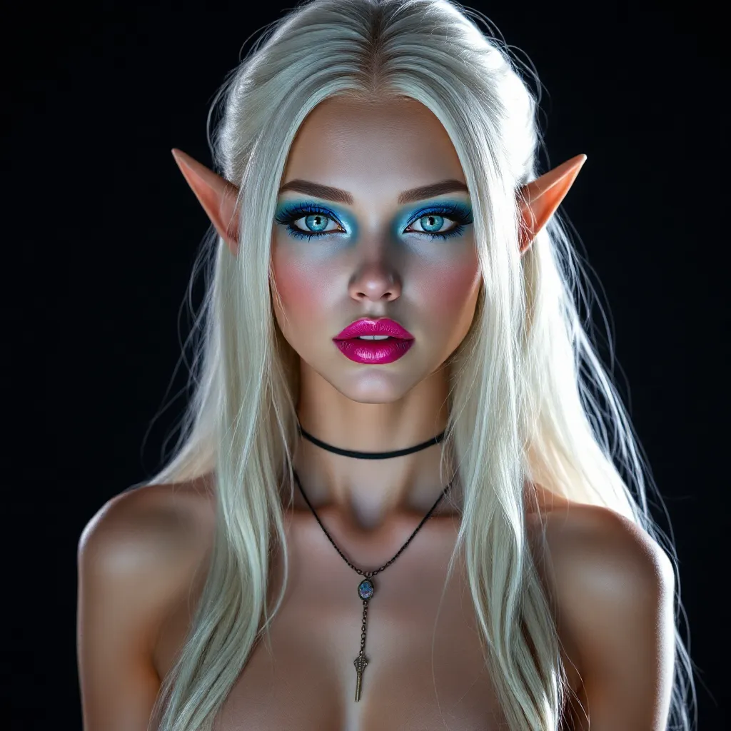 (( full body nude )) In the year 2524, a stunning elf woman stands, her square face framed by long, platinum blonde hair with highlights. Her crystal eyes shimmer with emotion, while bright blue and teal eyeshadow accentuates her sharp cheekbones. With a fuchsia pout and artistic piercings, she embodies ethereal beauty and creativity.