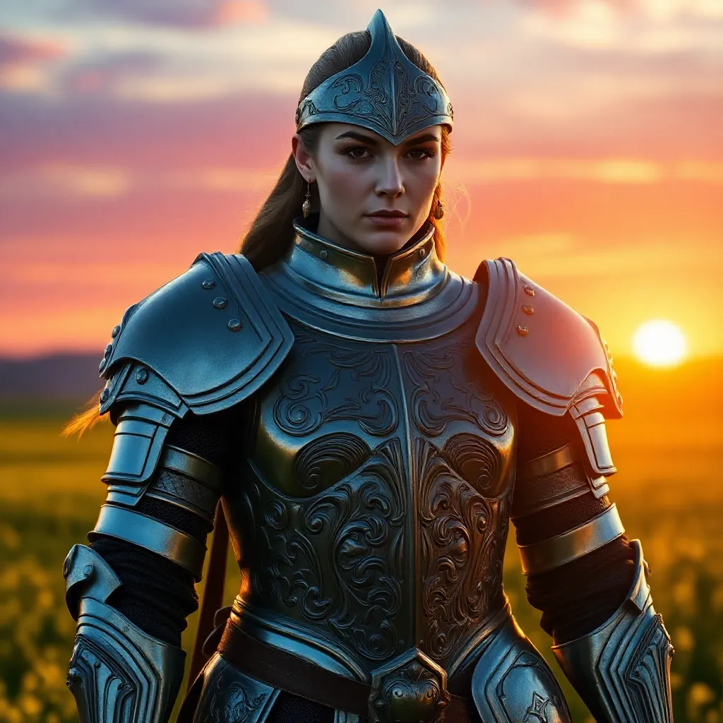 In the enchanting embrace of Golden Hour, where daylight and dusk intertwine in a vibrant ballet, Lydia—the fierce Nord warrior—stands firm against a backdrop of warm amber hues and soft lavender skies. Captured in ultra-high resolution, the image exudes precision and depth, each detail a brushstroke in this epic landscape painted by nature\'s hand.As the sun begins its descent, sunlight spills across the horizon like molten gold, pouring over Lydia\'s tall and powerful frame. The glow creates an ethereal halo around her, highlighting the intricate design of her steel armor, which glimmers with an almost supernatural radiance. Each engraving and curve—from the gleaming pauldron to the etched breastplate—is as much a testament to artistry as it is to warfare, capturing a legacy forged in battle\'s crucible. Using the Brenizer Method at F/2.8, this close-up composition masterfully blurs the background into a gentle tapestry of soft greens and vibrant yellows—fields that seem to sigh under the weight of twilight’s warmth. This shallow depth of field envelops Lydia in a tender haze, allowing her piercing blue eyes to shine like sapphires amidst a flickering firelight. They sparkle with devotion and unwavering strength, mirroring her indomitable spirit poised against impending chaos. Her long dark brown hair flows like silk in a twisted braid down her back—a narrative woven from countless adventures and untold tales. As sunlight pierces through her locks, it transforms into golden highlights that dance vivaciously with each subtle movement, bestowing upon her an almost divine presence. The ambient light lovingly caresses her muscular silhouette, enhancing every contour; shadows play across her skin like whispers of ancient warriors sharing secrets among themselves. Captured on Fujifilm Superia film stock, a delicate layer of grain provides this image with texture reminiscent of legendary tales etched in time—it deepens not only the visual but also emotional connection to Lydia as though one has been celestial transported into an ancient world caught at this perfect juncture between day and night. The subtle film grain weaves an air of nostalgia throughout, making it feel as if these fleeting moments were plucked directly from history. Delicate lens flares punctuate the dynamic portrait, adding shimmering accents that dance across her armor like stars scattered amid twilight skies. These reflections mirror not only light but also hope—hope standing steadfast against darkness that ever encroaches on such tranquil moments.The nuanced distortion at the image’s corners subtly beckons viewers to focus on Lydia’s serious expression—a visage shaped by duty that resonates deeply with anyone willing to challenge their fate. There’s strength carved from vulnerability here—a juxtaposition embodied by every muscle tensed for battle yet softened by the beauty surrounding her. Global illumination gently envelops the scene in a harmonious haze balancing elements from light to shadow; it harmonizes vibrant colors while conjuring an almost dreamlike atmosphere where rugged reality collides beautifully with ethereal fantasy. Warmth radiates from Lydia’s essence as if she were molded from sunlight itself while cool undertones of dusk tease at darkness lurking just beyond reach. Here stands not simply a warrior standing poised for imminent confrontation; instead, there is an unwavering spirit steeped richly in honor and resolve—every glance revealing not just raw power but also an invitation to explore narratives yet untold. Captured perfectly at this fleeting hour when hope glimmers brightest before nightfall descends—this captivating light-scape immortalizes both strength and vulnerability while echoing tales waiting silently beneath layers of time. In this moment suspended between two worlds—the ordinary and extraordinary—Lydia transcends mere mortal constraints; she becomes more than just a character defined by legend but rather a living emblem of courage challenging fate itself among swirling light and shadow amidst nature\'s most serene spectacle just before twilight takes sway.