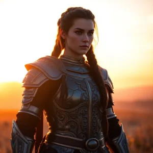 In the enchanting glow of Golden Hour, Lydia, the fierce Nord warrior, stands resolute against a backdrop of warm amber hues and delicate lavender skies that seem to embrace her. The scene is a visual feast, rendered in ultra-high resolution, where each detail of the moment breathes life into the composition. Sunlight spills over the horizon like molten gold, creating a radiant aura that bathes Lydia’s tall, strong frame in warmth—a divine interplay between light and shadow. Her intricately designed steel armor glimmers as if woven from sunlight itself, each curve and engraving capturing the essence of artistry forged through battle. The ambient light caresses her muscular silhouette, enhancing every contour and echoing her indomitable spirit. Her long, dark brown hair flows like silk down her back in a twisted braid that tells tales of countless adventures. As the sunlight filters through her locks, it transforms into a halo of golden highlights that dance with each subtle movement. Captured using the Brenizer Method at F/2.8, the photograph creates a shallow depth of field that envelops her in an ethereal haze. The background blurs into a gentle tapestry of soft greens and vibrant yellows—fields kissed by the last rays of daylight—that frame Lydia perfectly and serve to magnify her piercing blue eyes. They sparkle with devotion and strength, reflecting her unwavering spirit amidst the chaos of impending battles. A touch of film grain from Fujifilm Superia weaves texture into the scene—each grain reminiscent of legendary tales etched in time. This nostalgic quality deepens the viewer\'s connection to Lydia as though they have been transported to an ancient world frozen in this perfect moment. The subtle distortion at the corners beckons one’s gaze towards her serious expression—an embodiment of stoicism shaped by duty—that resonates with those who dare to challenge fate. Delicate lens flares punctuate this dynamic portrait with shimmering accents that dance across her armor like stars scattered across twilight skies. As light intertwines with shadows cast by nearby trees, there is an undeniable contrast—a testament to strength set against vulnerability.Global illumination softly envelops the scene in a gentle haze, balancing all elements; it harmonizes the colors while conjuring an almost dreamlike atmosphere where reality meets fantasy. Warmth radiates from Lydia\'s being, while cool undertones of dusk tempt darkness to encroach upon this tranquil moment. Here stands not just a warrior poised for battle but an unwavering spirit steeped in honor and resolve—a living legend captured at a fleeting hour where hope glimmers brightest just before nightfall descends. In this captivating light-scape, every glance reveals not just strength but also an invitation to witness a story yet untold.