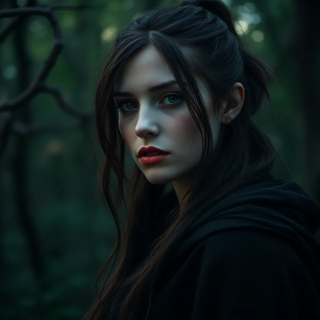 In the shadowy depths of an ancient forest, where light scarcely filters through the dense canopy of gnarled branches, Serana stands as a haunting vision. Captured through the lens of a Nikon D750, this close-up view invites viewers to delve into her world—a realm steeped in mystery and dark elegance. The aperture is set to F/2.8, allowing for an exquisitely shallow depth of field that wraps the background in a soft bokeh, transforming the blurred foliage into a kaleidoscope of greens and deep shadows, reminiscent of twilight\'s embrace. The ethereal glow of dusk casts delicate highlights on Serana’s pale skin, accentuating her striking features—sharp cheekbones, an elegantly shaped jawline, and lips tinted a deep crimson that mirrors her flowing cape. Her long, dark brown hair tumbles down her shoulders in a loose ponytail; tendrils escape their confines to frame her face with an air of wildness—the tousled strands catch the faintest whispers of a breeze, adding movement to the stillness. Serana’s mesmerizing yellow eyes—glowing like embers against the encroaching darkness—pierce through the obscured ambiance. They draw you in, lending her an expression both seductive and predatory. The camera captures this intense gaze with precision, revealing flecks of gold within the depths that hint at centuries of wisdom and torment. Her gothic armor—a symphony of leather and metal—gleams subtly in the low light. Deep reds intertwine with black elements, creating an aesthetic that speaks to both elegance and battle-hardened resilience. Intricate engravings tell stories of valor and bloodshed, making her presence undeniably formidable. The flowing crimson cape drapes across her shoulders like a living entity; its fabric ripples slightly in the unseen wind—a stark contrast against the weighty armor beneath. The play of light across its surface creates shadows that seem to dance with delight while capturing echoes of battles fought long ago. As she stands poised amongst ancient trees—a backdrop thick with history—the image becomes not just a portrait but a narrative frozen in time. Distortion effects subtly enhance her surroundings; gentle blurs at the edges create a dreamlike quality that teeters on the edge of reality and fantasy. This artistic choice allows viewers to lose themselves in Serana\'s enigmatic allure while emphasizing her isolation within this timeless landscape. A soft vignette frames her figure—drawing every gaze inward and heightening her centrality within an enigmatic wilderness. The overall color palette favors dark hues punctuated by vibrant reds—the essence of blood-bound heritage—and cool tones from the forest shadows which cradles Serana in an almost mystical ambiance. Shadows merge into landscapes around her, enveloping but never overpowering; they tell tales without words—a reminder of what thrives in darkness yet remains unseen. As fading light tugs at daylight’s retreating grasp, the energy in this photograph seems to vibrate with unspoken stories—the longing for freedom entwined with an enduring sense of duty. Every element—from the choice of film grain that whispers vintage charm to the delicate balance between clarity and distortion—unfolds into an atmospheric realm rich with narrative potential. In summation, this ethereal portrayal secures Serana as both warrior and wraith; she stands sentry against time itself while beckoning those drawn by curiosity and fear alike into her shadowy domain. There is beauty in danger here—perfectly encapsulated through meticulous lens work—and as viewers linger over every detail captured within this mesmerizing scene, they find themselves equally captivated by Serana’s undeniable charisma and lingering enigma.As twilight deepens into a velvet embrace, Serana emerges against the looming majesty of a moonlit forest, her silhouette framed by the intricate play of shadow and light. The scene unfurls like a beautifully composed painting, rich in texture and emotion. Captured with an ethereal quality through the lens of a Nikon D750 at F/2.8, the focus sharpens on Serana while a soft bokeh of verdant greens and warm golds dances in the periphery—tiny fireflies become luminous orbs, shimmering like gems scattered across a dark tapestry.Her skin glows with a ghostly radiance under the silvery gaze of the moon, casting an enchanting hue that enhances the mysterious allure surrounding her. The dark gothic armor she wears is a symphony of deep crimson bleeding into shadowy blacks, creating a striking contrast against her pale visage. Each detail—the leather straps, metal accents—reflects an ancient elegance that whispers of forgotten tales and lost battles. Her flowing cape, as crimson as fresh blood, cascades behind her with grace reminiscent of liquid rubies caught in mid-flow, fluttering softly as if it breathes alongside her.Adding to this cinematic tableau are two loose tendrils of dark brown hair that sway gently with the caressing breeze. They dance around her face like fleeting shadows, heightening her windswept allure. But it is her eerie yellow eyes that command attention—their piercing gaze draws viewers into their depths with hypnotic intensity, hinting at secrets both alluring and dangerous.The ambient light wraps around Serana’s figure like an ethereal shroud, casting delicate highlights that lend a surreal quality to the atmosphere. In this artful composition where chromatic palettes merge seamlessly into monochromatic shades of blue-black night, subtle distortion effects blur the edges of her silhouette—capturing both beauty and an underlying threat. A vignette framing encircles her formidable presence, amplifying contrasts and creating an impression that embodies timeless allure and lethal grace amidst the dreamlike nightscape.Framing this breathtaking image is a Technicolor process reminiscent of classic cinema; vibrant hues bloom off the screen while maintaining an air of haunting elegance. Rich reds pulse with life against dark backgrounds; soft greens glimmer like hope amidst shadows; shimmering golds evoke memories long past. This passionate interplay between color evokes moods of mystery and intrigue—a visual poem whispered by twilight itself—drawing one deeper into Serana’s captivating world.In this moment suspended in time—a haunting reverie enveloped by nature’s gentle sigh—viewers are beckoned closer to witness not just Serana’s beauty, but also the echoing stories woven within this enchanted forest under moonlight\'s watchful glow.As twilight deepens into a velvet embrace, Serana emerges against the looming majesty of a moonlit forest, her silhouette framed by the intricate play of shadow and light. The scene unfurls like a beautifully composed painting, rich in texture and emotion. Captured with an ethereal quality through the lens of a Nikon D750 at F/2.8, the focus sharpens on Serana while a soft bokeh of verdant greens and warm golds dances in the periphery—tiny fireflies become luminous orbs, shimmering like gems scattered across a dark tapestry.Her skin glows with a ghostly radiance under the silvery gaze of the moon, casting an enchanting hue that enhances the mysterious allure surrounding her. The dark gothic armor she wears is a symphony of deep crimson bleeding into shadowy blacks, creating a striking contrast against her pale visage. Each detail—the leather straps, metal accents—reflects an ancient elegance that whispers of forgotten tales and lost battles. Her flowing cape, as crimson as fresh blood, cascades behind her with grace reminiscent of liquid rubies caught in mid-flow, fluttering softly as if it breathes alongside her.Adding to this cinematic tableau are two loose tendrils of dark brown hair that sway gently with the caressing breeze. They dance around her face like fleeting shadows, heightening her windswept allure. But it is her eerie yellow eyes that command attention—their piercing gaze draws viewers into their depths with hypnotic intensity, hinting at secrets both alluring and dangerous.The ambient light wraps around Serana’s figure like an ethereal shroud, casting delicate highlights that lend a surreal quality to the atmosphere. In this artful composition where chromatic palettes merge seamlessly into monochromatic shades of blue-black night, subtle distortion effects blur the edges of her silhouette—capturing both beauty and an underlying threat. A vignette framing encircles her formidable presence, amplifying contrasts and creating an impression that embodies timeless allure and lethal grace amidst the dreamlike nightscape.Framing this breathtaking image is a Technicolor process reminiscent of classic cinema; vibrant hues bloom off the screen while maintaining an air of haunting elegance. Rich reds pulse with life against dark backgrounds; soft greens glimmer like hope amidst shadows; shimmering golds evoke memories long past. This passionate interplay between color evokes moods of mystery and intrigue—a visual poem whispered by twilight itself—drawing one deeper into Serana’s captivating world.In this moment suspended in time—a haunting reverie enveloped by nature’s gentle sigh—viewers are beckoned closer to witness not just Serana’s beauty, but also the echoing stories woven within this enchanted forest under moonlight\'s watchful glow.As twilight deepens into a velvet embrace, the moonlit forest stirs with an otherworldly magic, wrapping Serana in its enchanted shroud. The scene unfolds like an exquisite oil painting, capturing a moment both still and dynamic, each brushstroke meticulously crafted by the gentle hand of night. Bathed in the silvery gaze of the moon, her silhouette emerges against the towering trees—each trunk and branch illuminated with a spectral glow that enhances their rugged beauty. The air is thick with anticipation, the cool breeze whispering secrets through rustling leaves, as if nature itself holds its breath to witness this ethereal encounter. Captured through the lens of a Nikon D750 set at F/2.8, the focus sharpens on Serana\'s striking figure while a soft bokeh envelops the periphery—a tapestry of lush greens shimmering with hints of golden warmth. Tiny fireflies flit about like luminous gems scattered in a darkened playroom, their flickering lights dotting the landscape as they dance in joyous abandon. Her skin gleams with a haunting radiance under the watchful eye of the moon, casting an enchanting hue that mesmerizes and captivates all who gaze upon her. The gothic armor she wears—a symphony of deep crimson bleeding into velvety shadows—stands in stark contrast against her pale visage. Each detail, from leather straps to intricate metalwork, reflects an ancient elegance steeped in forgotten tales and valorous battles fought long ago. Serana’s flowing cape—a cascade of blood-red fabric—trails behind her like liquid rubies, fluttering softly as if whispering secrets to the wind. It carries with it a weighty grace that ebbs and weaves just as much with her movement as with the gentle caress of twilight itself. Two loose tendrils of dark brown hair sway around her face like playful shadows drawn by an unseen force, enhancing her windswept allure and hinting at untold adventures lurking beneath her enigmatic exterior. Yet it is her eyes—the eerie yellow that pierce through the twilight—that command attention; their hypnotic intensity draws viewers into depths that hold both allure and danger. A delicate balance between light and shadow envelops Serana’s form, ambient light wrapping around her like an ethereal shroud. Highlights play across her figure, accentuating the contours of her armor while adding a surreal quality to the atmosphere—a dreamscape caught between reality and something far more whimsical. The chromatic palette dances effortlessly between shades, merging seamlessly into monochromatic blues-black night—both haunting and beautiful in its depth. Subtle distortion effects blur the edges of her silhouette; they create ethereal wisps that invoke both beauty and an undercurrent of threat lurking just out of sight. A vignette encircles this formidable presence, amplifying contrasts while simultaneously inviting intrigue—a visual embodiment of timeless allure cloaked in lethal grace amid this dreamlike realm. Framing this breathtaking tableau is a Technicolor process reminiscent of classic cinema; vibrant hues bloom off-screen while maintaining an air of haunting elegance. Rich reds pulse vibrantly against dark backgrounds; soft greens glimmer like whispers of hope amidst looming shadows; glimmers of gold evoke echoes from forgotten memories that linger like sighs from ages past.This passionate interplay between color elicits moods steeped in mystery and temptation—a visual sonnet sung softly by twilight itself—drawing one deeper into Serana’s captivating world where every shadow tells a story waiting to be unearthed. In this moment suspended within nature’s embrace—where even time seems to falter—viewers are beckoned closer not merely to witness Serana’s beauty but to unravel the echoing stories woven intricately throughout this enchanted forest; tales intertwined within moonlight\'s watchful glow—a haunting reverie where wonder collides with destiny. In Ultra-HD resolution, every detail—from glistening dew on leaves to gentle ripples across Serana\'s armor—comes alive as if inviting you to step forward into this mesmerizing scene where magic breathes life beneath silver skies adorned with stars shimmering just beyond reach. Here lies enchantment within darkness—a testament to beauty found not only in light but also in shadows dancing upon dreams lingering forever untouched by time\'s grasp 