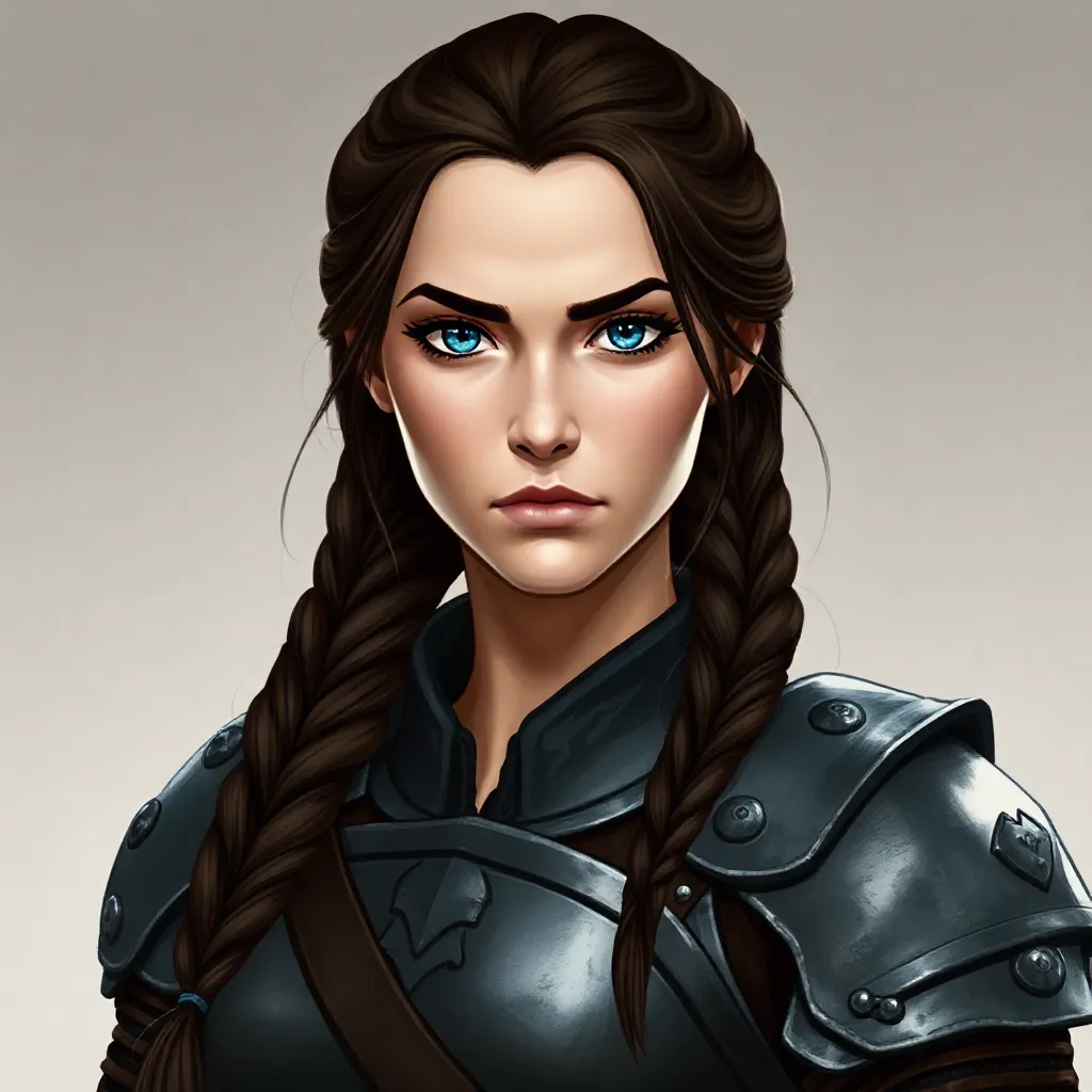 Lydia is a tall, strong Nord woman with a fierce yet noble look. She has long, dark brown hair often styled in a warrior\'s braid that keeps her hair away from her face. Her face is framed by high cheekbones, and her piercing blue eyes convey loyalty and strength. Lydia typically wears steel armor with a Nordic design, including shoulder guards, a chest plate, and heavy leather boots, giving her a rugged, battle-ready appearance. Her expression is serious, with a slight frown, suggesting her stoic personality and unwavering sense of duty.