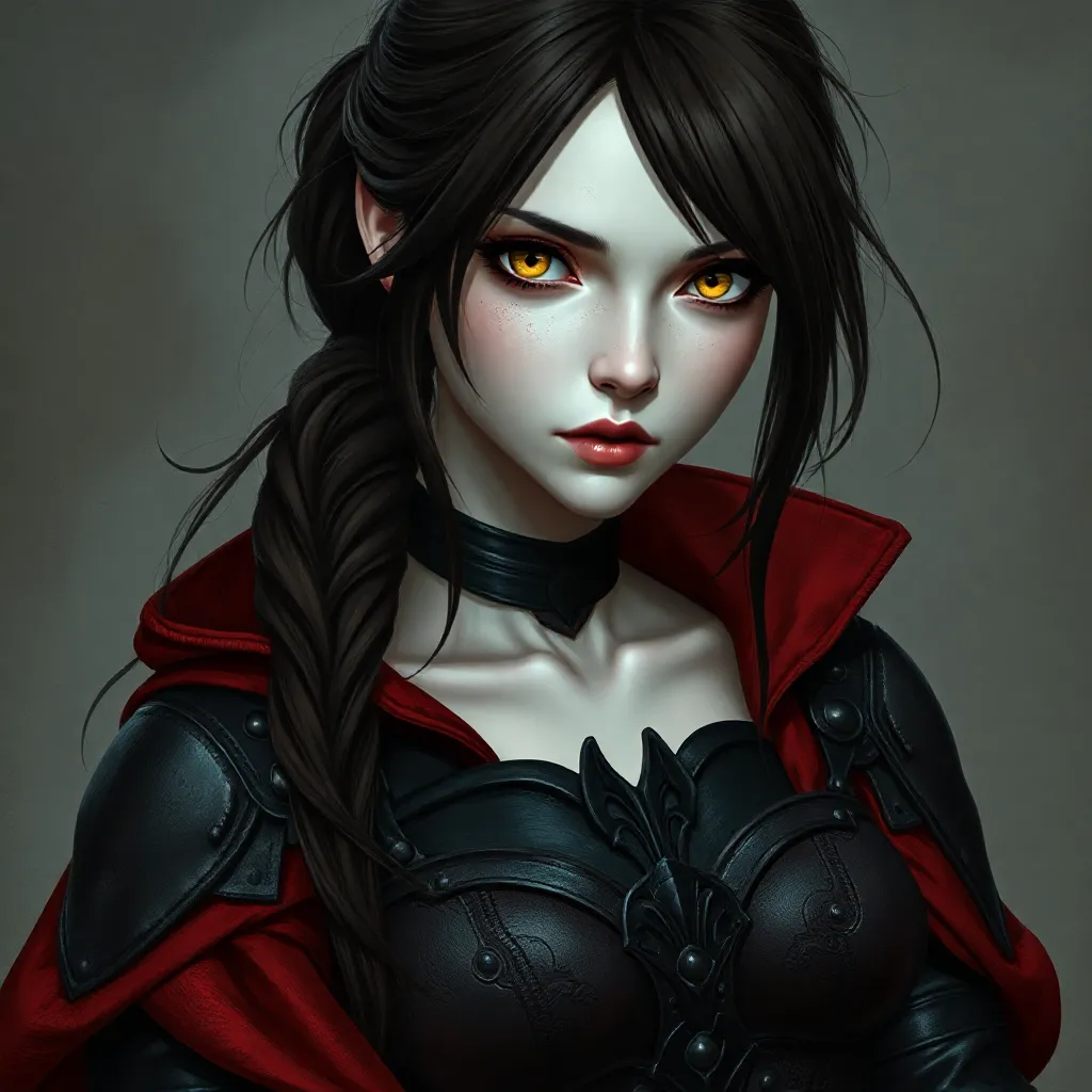 Serana is a pale-skinned, striking vampire with a mysterious and ancient aura. She has long, dark brown hair styled in a loose, low ponytail, with two tendrils framing her face, giving her a slightly messy, windswept look. Her eyes are a distinctive, eerie yellow, typical of vampires, which gives her an intense and captivating gaze. She wears dark, gothic armor that combines leather and metal elements, often in deep reds and blacks, reflecting her vampire lineage. Her outfit includes a protective corset, layered with a flowing, crimson cape, and intricate details that show both elegance and battle-readiness. Her overall look is dark and formidable, with a blend of beauty and danger, embodying both a noble past and a hardened life as a vampire.