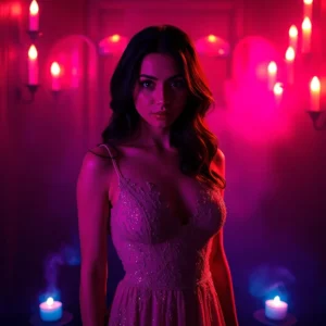 The mysterious woman stands in the dimly lit room, her silhouette illuminated by neon candlelight that flickers around her. The vibrant colors create a sharp contrast against the darkness, highlighting her delicate features and shimmering gown. The high contrast intensifies the ethereal glow, emphasizing the vulnerability in her eyes and the strength in her stance. The exotic incense fills the air with a neon haze, adding to the enchanting atmosphere. Shot with a technicolor process, the dreamlike quality blurs reality and fantasy, enhancing the subtle power she exudes. This glamor shot is a captivating blend of mystery, intrigue, and undeniable beauty in a neon-lit cinematic setting.